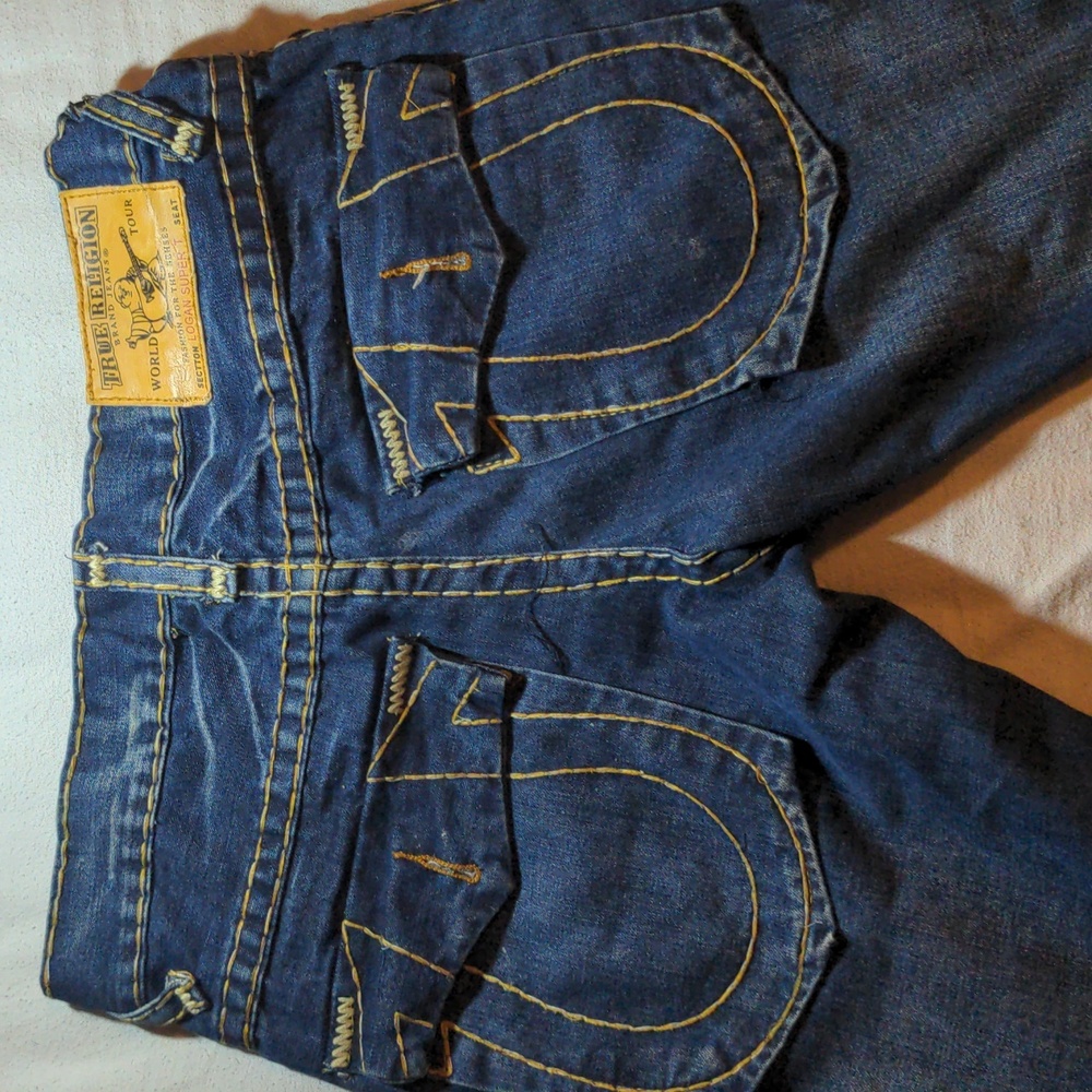 True Religion Men's Straight Jeans in Dark Blue with Yellow Stitching